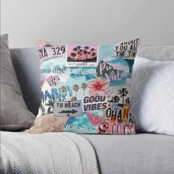 NEW! VSCO “To The Beach” Boho Collage Throw Pillowcase - Picture 1 of 3